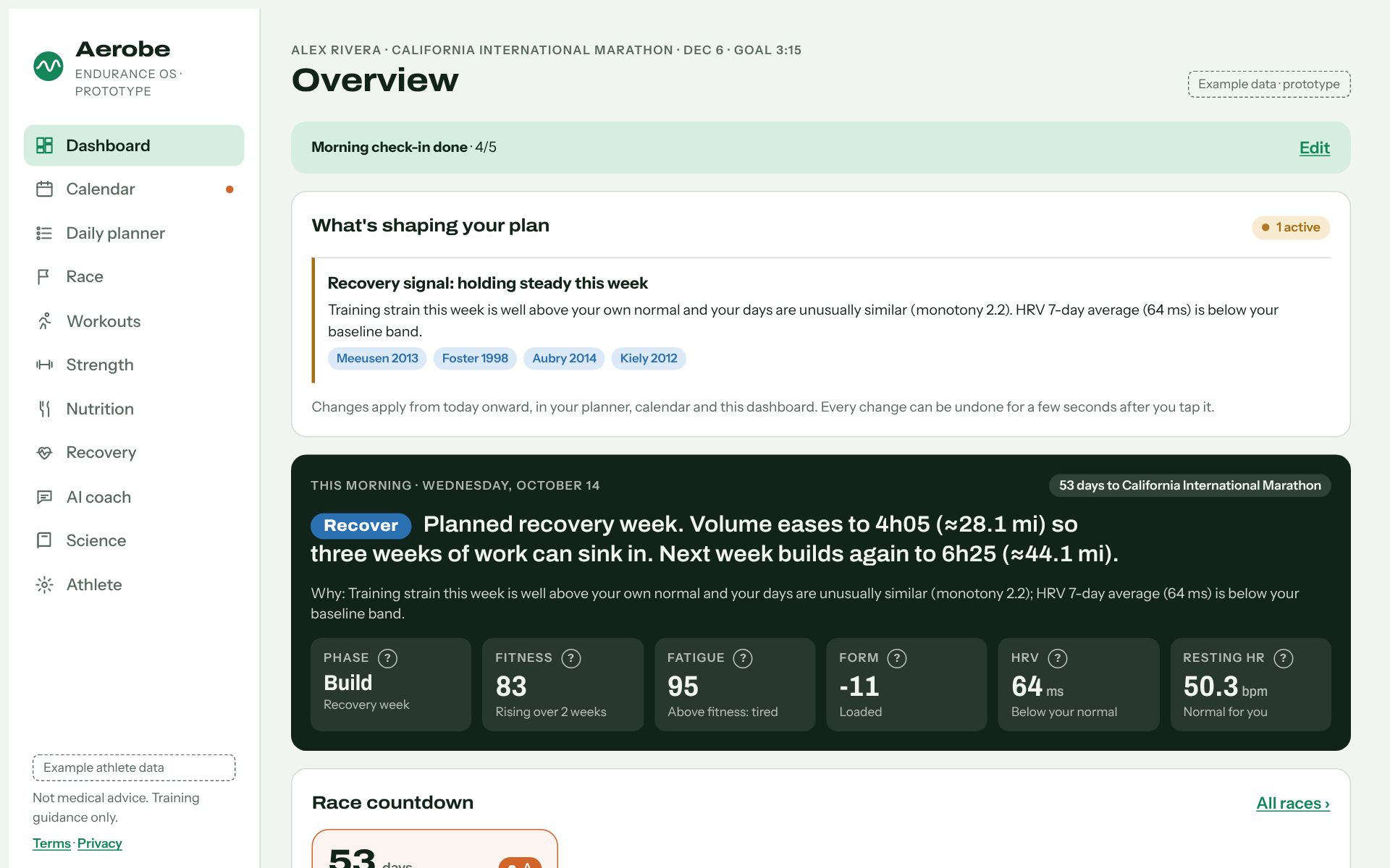 Aerobe dashboard on a computer: check-in done, what's shaping the plan and today's verdict.